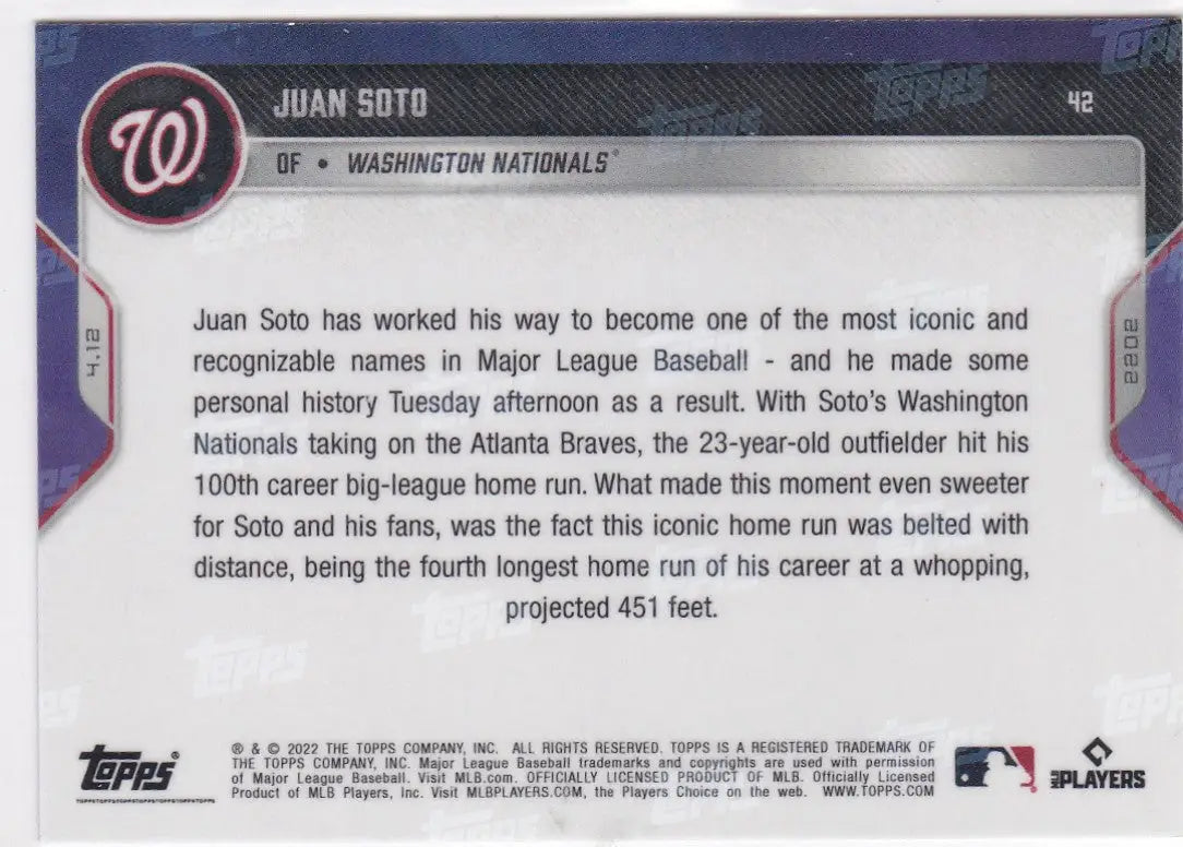 Back of 2022 TOPPS NOW Juan Soto Washington Nationals baseball card showing player stats
