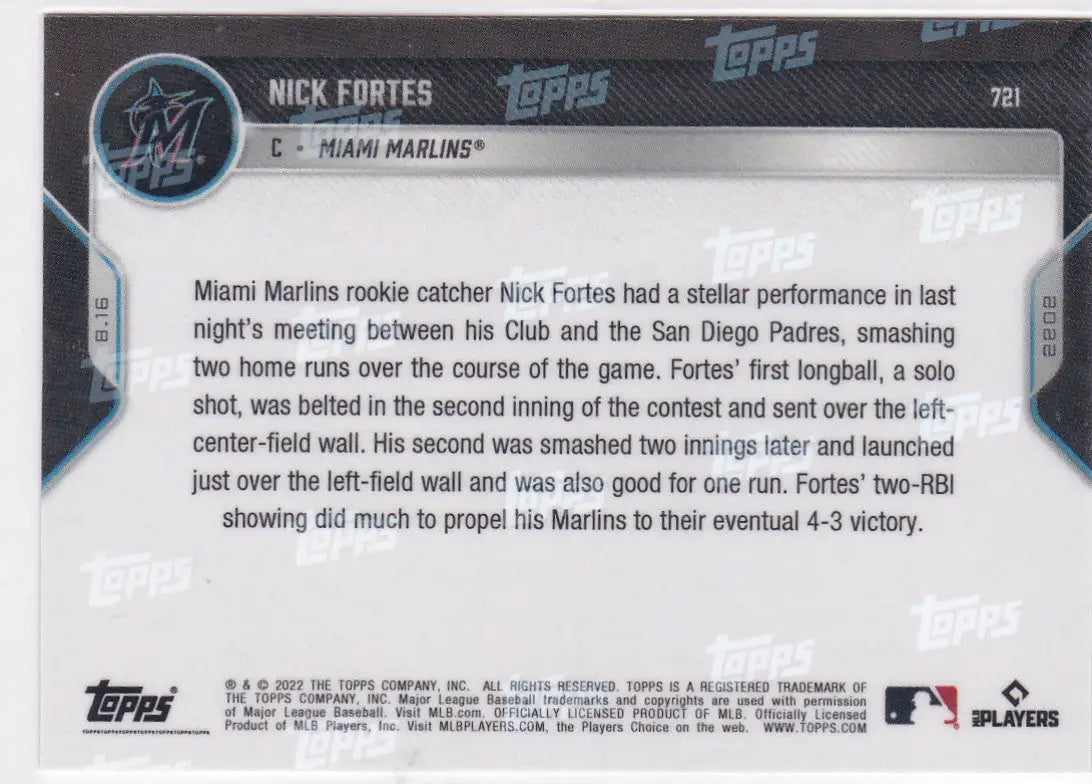 Baseball card back featuring Nick Fortes Miami Marlins 2022 TOPPS NOW #721