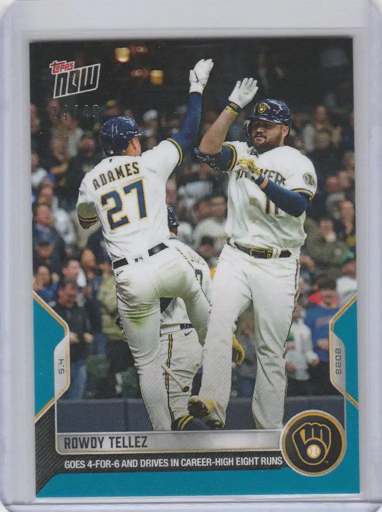 Baseball card of Rowdy Tellez celebrating with Milwaukee Brewers teammates