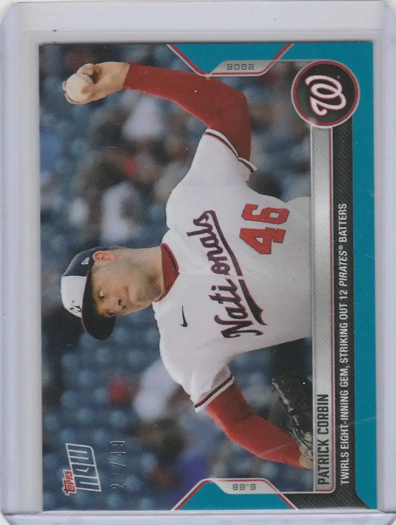 Baseball card of Patrick Corbin, Washington Nationals pitcher, in mid-throw action