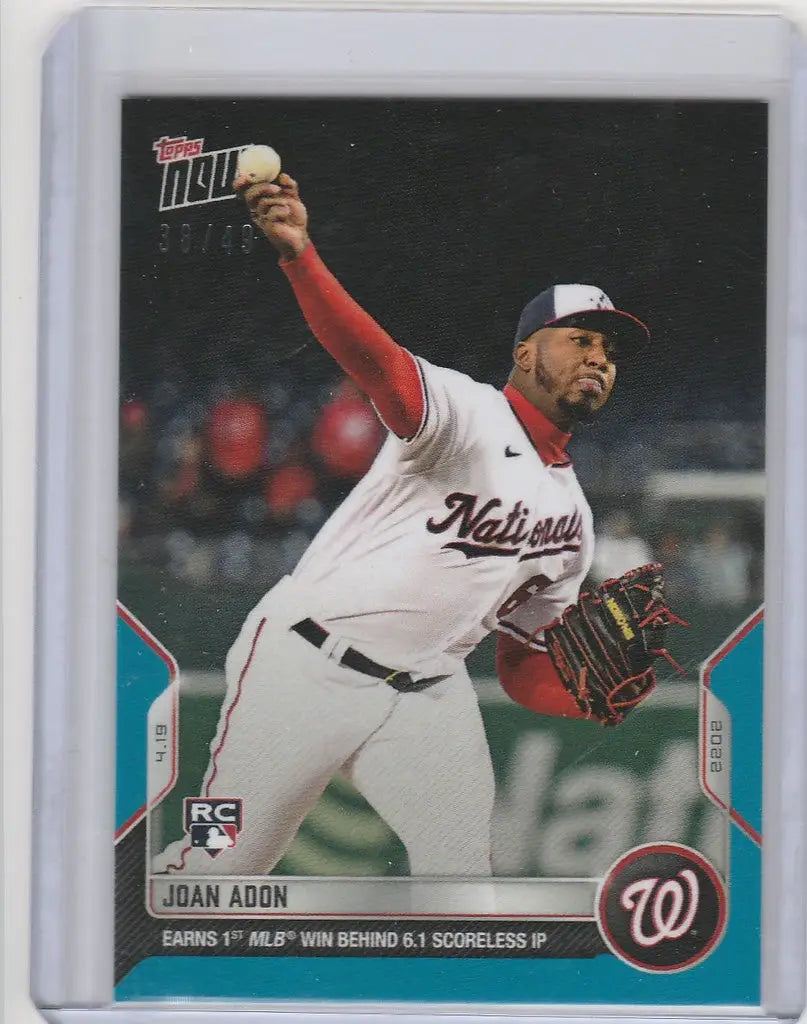 Baseball card of Joan Adon Washington Nationals pitcher in mid-throw action