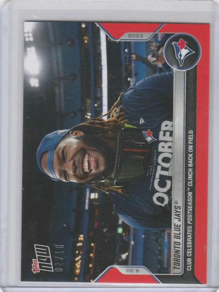 Toronto Blue Jays trading card featuring player in navy uniform celebrating Jays clinch post season