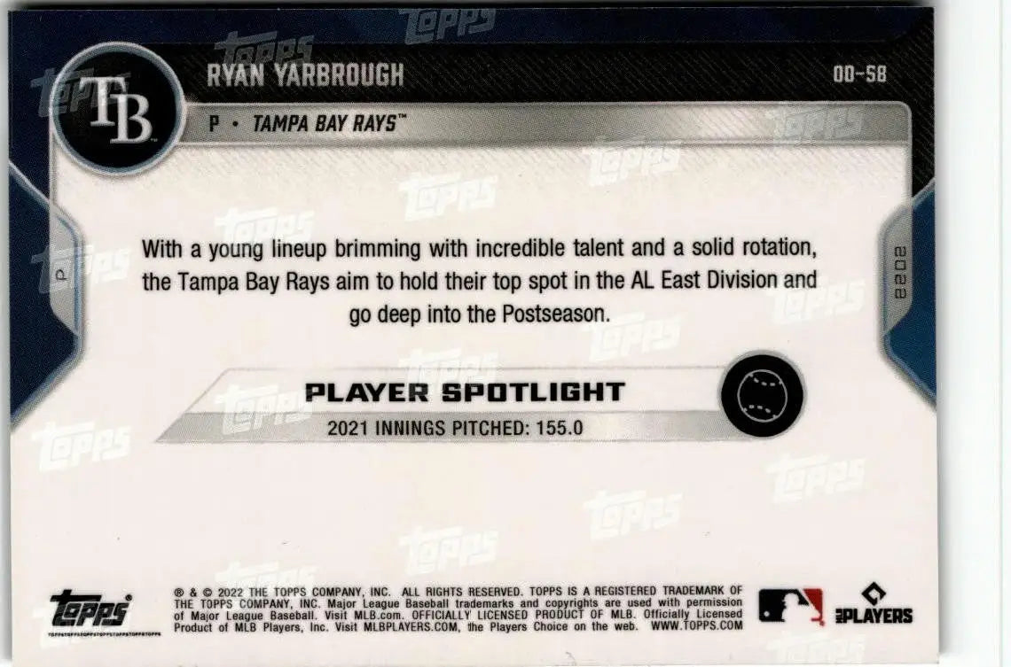 2022 Topps Now Road to Opening Day Tampa Bay Rays #OD-58 Ryan Yarbrough - Baseball Card Single