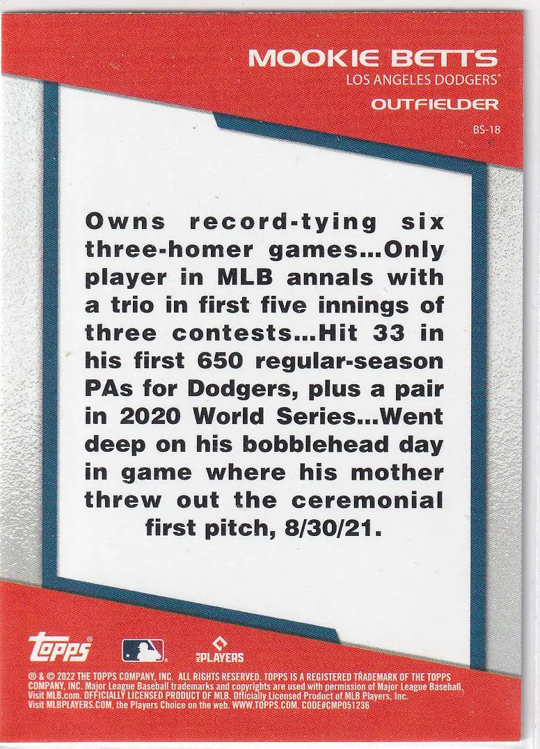 2022 TOPPS OPENING DAY #BS-18 MOOKIE BETTS BOMB SQUAD- LOS ANGELES DODGERS - Baseball Card Single