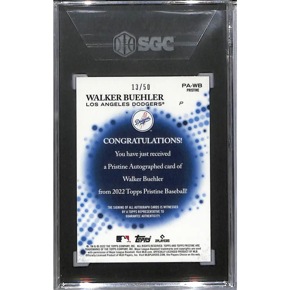 2022 Topps Pristine Pristine Gold #PA-WB Walker Buehler SGC 10 Gem Auto 13/50 Los Angeles Dodgers Image 2