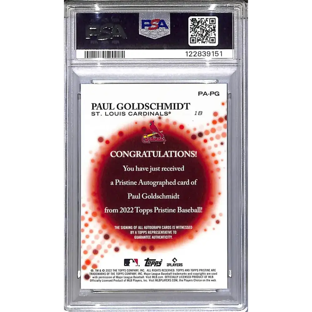 2022 Topps Pristine #PA-PG Paul Goldschmidt PSA 10 GEM MINT Auto St. Louis Cardinals - Baseball Card Single