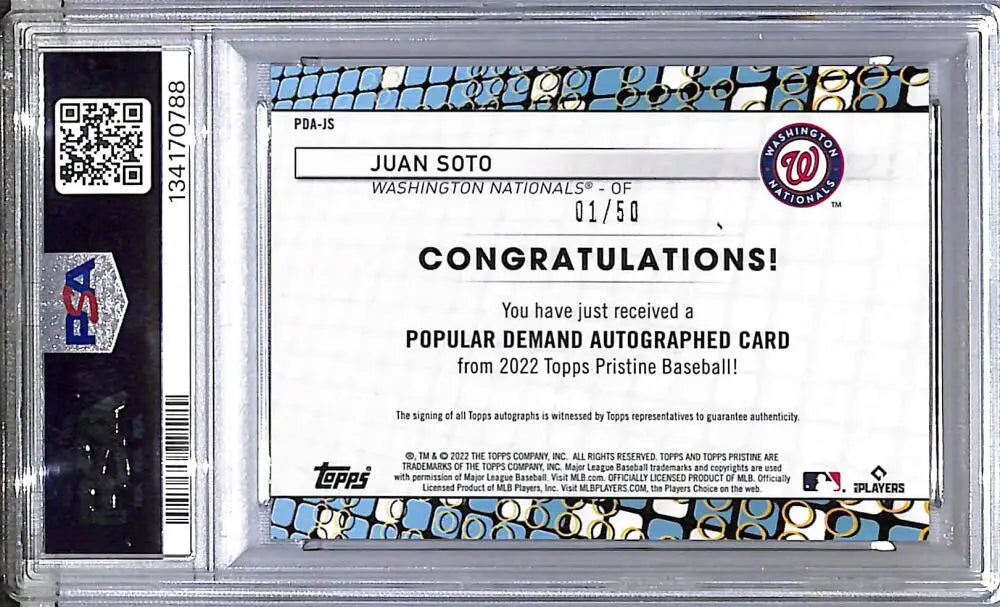2022 Topps Pristine Popular Demand Gold #PDA-JS Juan Soto PSA 10 GEM MINT Auto 1/50 Washington Nationals - Baseball