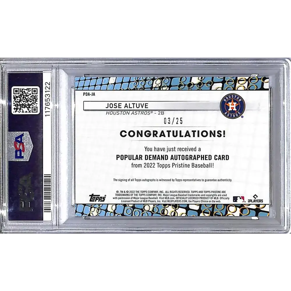 2022 Topps Pristine Popular Demand Orange #PDA-JA Jose Altuve PSA 10 GEM MINT Auto 03/25 Houston Astros - Baseball Card