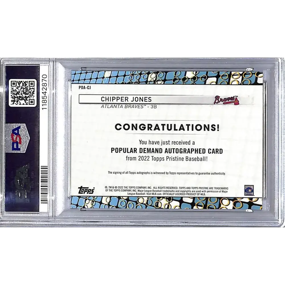 2022 Topps Pristine Popular Demand #PDA-CJ Chipper Jones PSA 10 GEM MINT Auto Atlanta Braves - Baseball Card Single