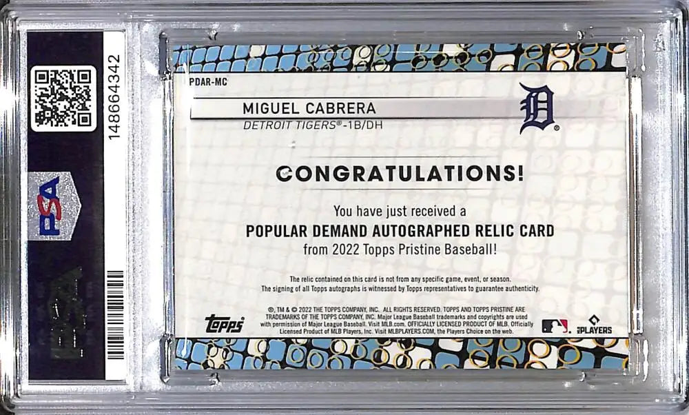 2022 Topps Pristine Popular Demand #PDAR-MC Miguel Cabrera PSA 9 MINT MEM Auto Detroit Tigers - Baseball Card Single