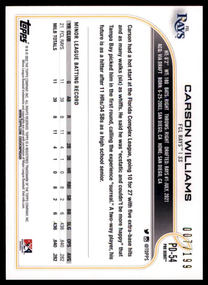 2022 Topps Pro Debut - Fuchsia Carson Williams PD-54 /199 FCL Rays NM - Baseball Card Single