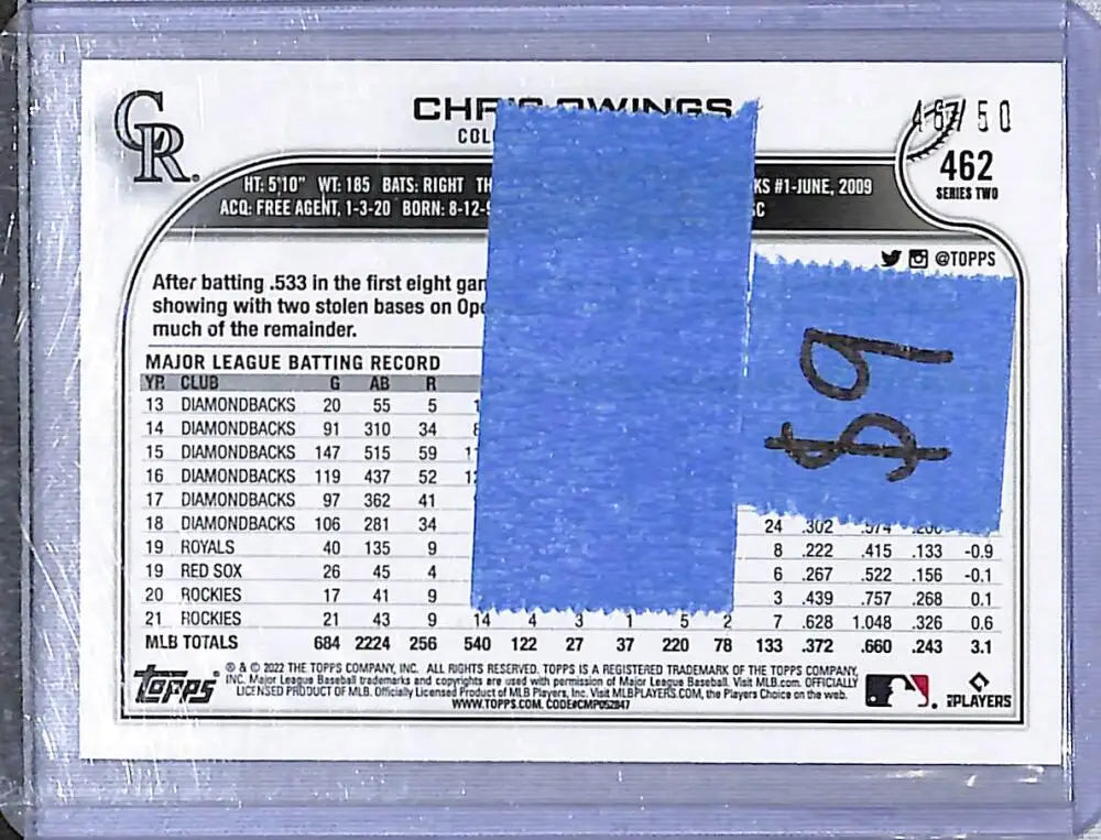 2022 Topps Sky Blue #462 Chris Owings NM-MT 46/50 Colorado Rockies
