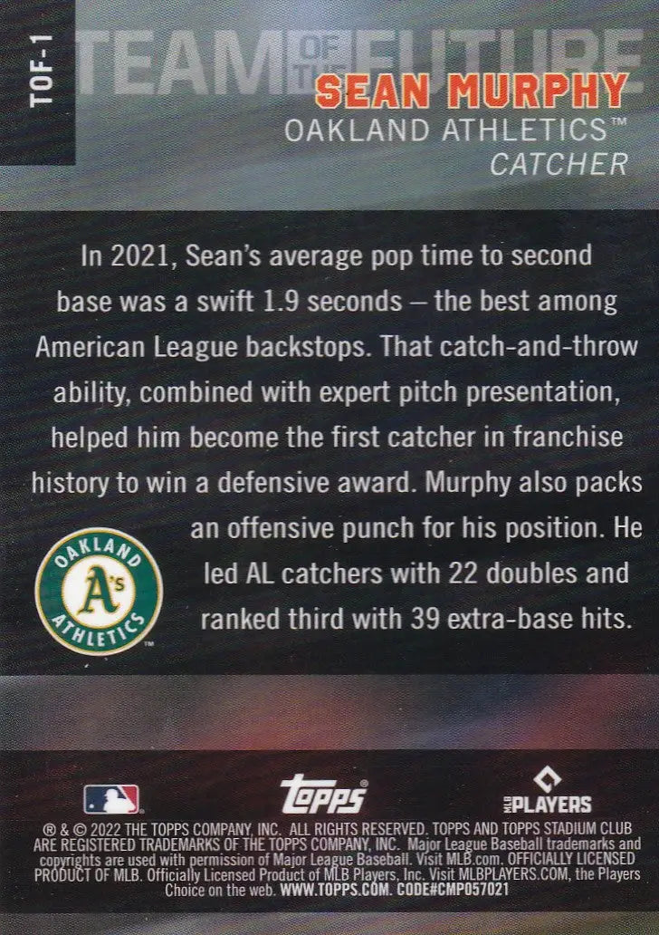 2022 TOPPS STADIUM CLUB #TOF-1 SEAN MURPHY TEAM OF FUTURE REFRACTOR- OAKLAND ATHLEITCS - Baseball Card Single
