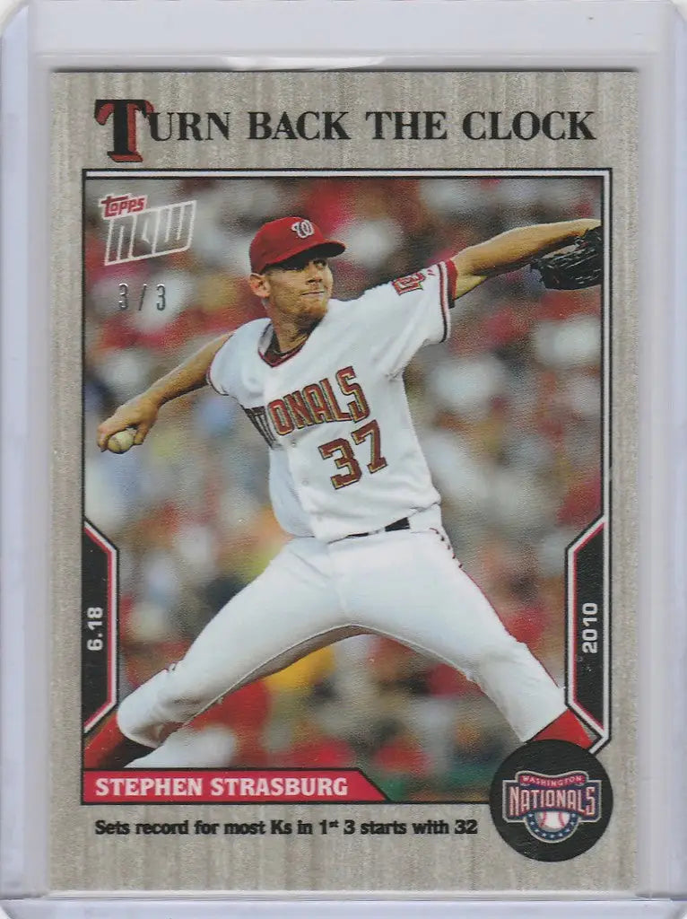 Baseball card of Steven Strasburg Nationals in mid-throw from Topps Turn Back the Clock Ash Parallel