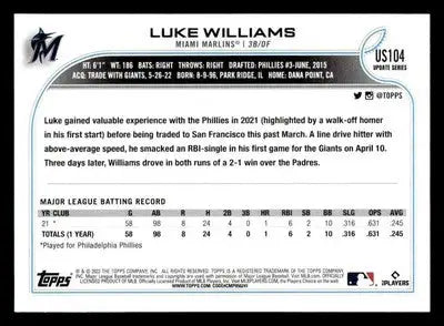 2022 Topps Update #US104 Luke Williams - Baseball Card Single