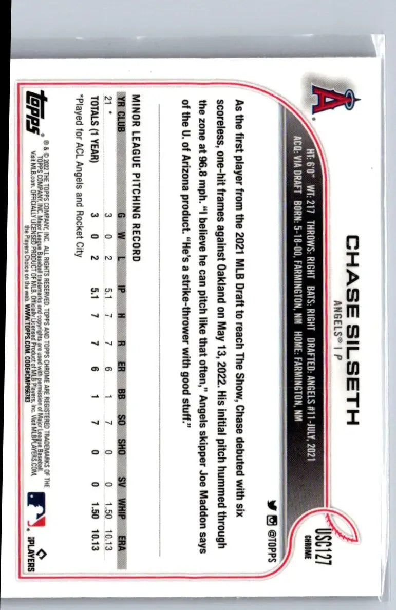 2022 Topps Update US192 Chase Silseth Purple baseball card showcasing Chase Silseth