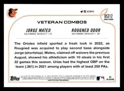 2022 Topps Update #US312 Infield Crew (Jorge Mateo / Rougned Odor) - Baseball Card Single