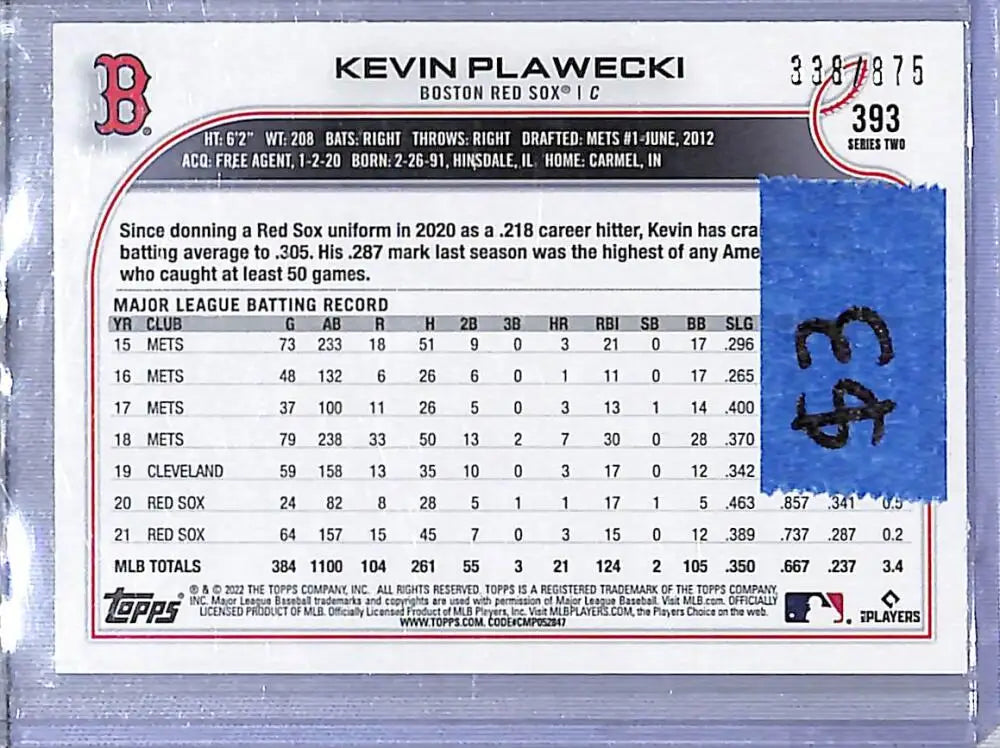 2022 Topps Walmart Foilboard #393 Kevin Plawecki NM-MT 338/875 Boston Red Sox - Baseball Card Single