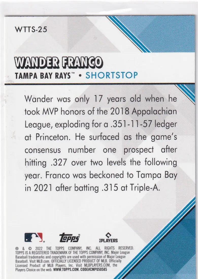 2022 TOPPS #WTTS-25 WANDER FRANCO WELCOME TO THE SHOW- TAMPA BAY RAYS - Baseball Card Single