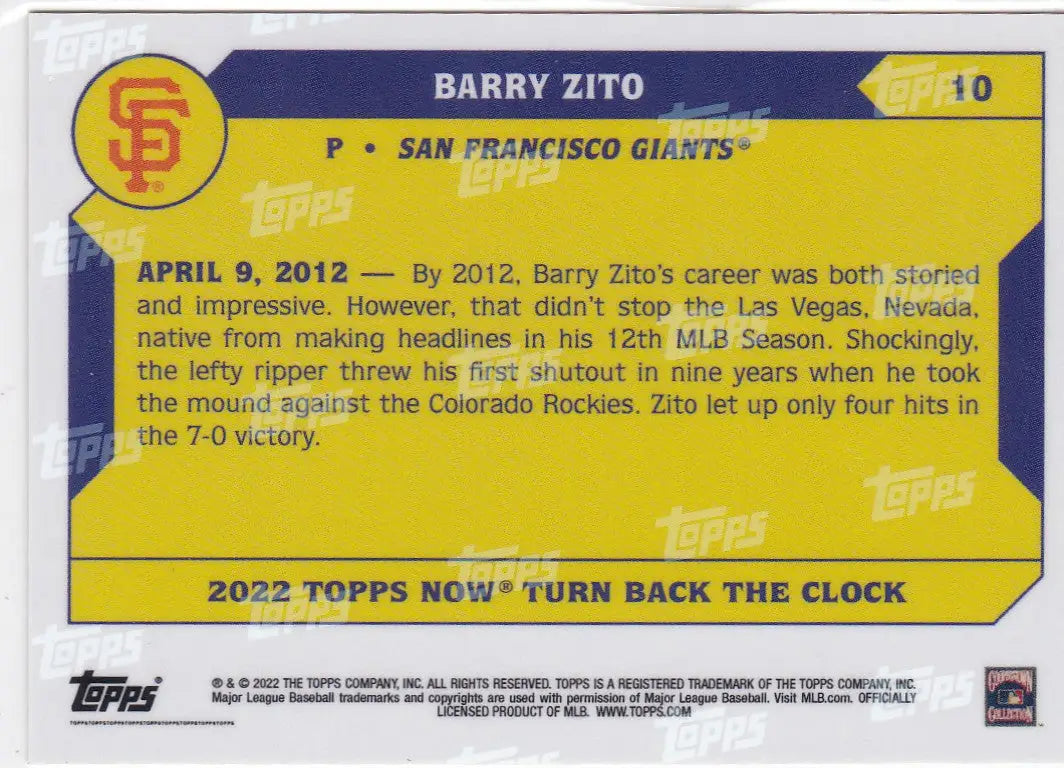 Reverse side of 2022 TURN BACK THE CLOCK Barry Zito San Francisco Giants card