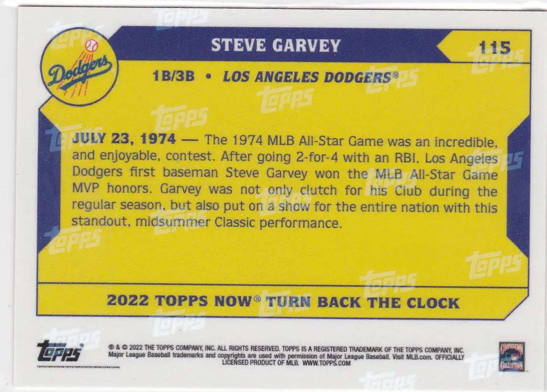 Back of a 2022 TURN BACK THE CLOCK Steve Garvey Los Angeles Dodgers trading card