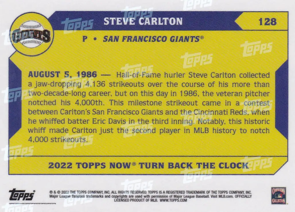 2022 TURN BACK THE CLOCK #128 STEVE CARLTON- SAN FRANCISCO GIANTS - Baseball Card Single