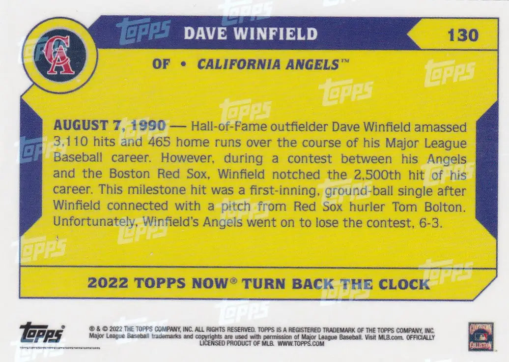 2022 TURN BACK THE CLOCK #130 DAVE WINFIELD- CALIFORNIA ANGELS - Baseball Card Single