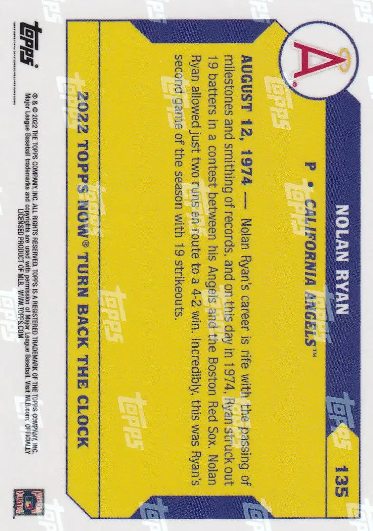 2022 TURN BACK THE CLOCK #135 NOLAN RYAN- CALIFORNIA ANGELS - Baseball Card Single