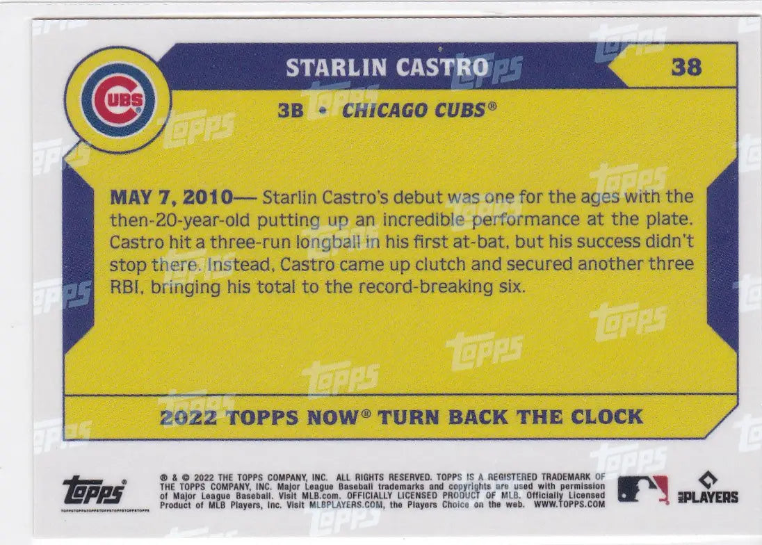 Baseball trading card of Starlin Castro Chicago Cubs 2022 TURN BACK THE CLOCK