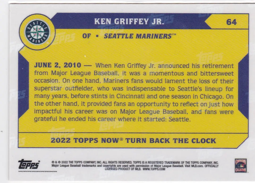 Back of yellow and blue baseball card for Ken Griffey Jr Seattle Mariners 2022 TURN BACK THE CLOCK