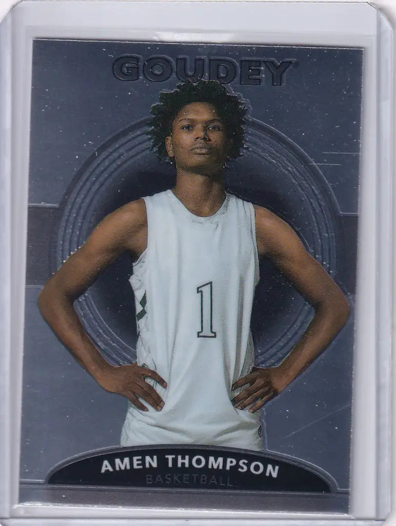 Basketball trading card of Amen Thompson in a white jersey for Upper Deck Goodwin Goudey