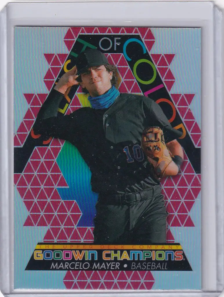 Baseball trading card of Marcelo Mayer in dark uniform, Upper Deck Goodwin Splash of Color Rainbow Red