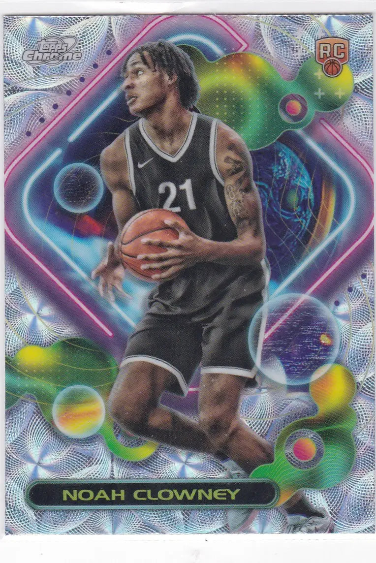 Noah Clowney basketball card from 2023-24 Cosmic Chrome Nucleas series featuring Clowney RC Brokklyn Nets