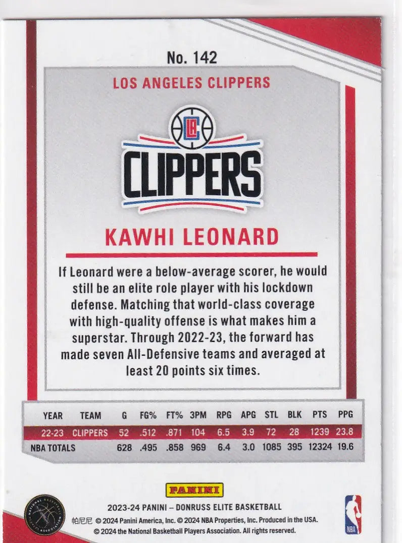 2023-24 DONRUSS ELITE #142 KAWHI LEONARD- LOS ANGELES CLIPPERS - Basketball Card Single