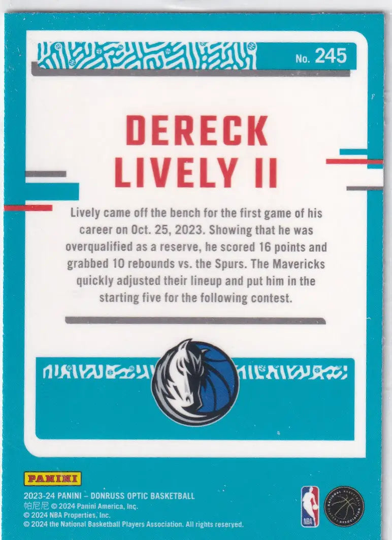 2023-24 DONRUSS OPTIC #245 DERECK LIVELY- DALLAS MAVERICKS - Basketball Card Single