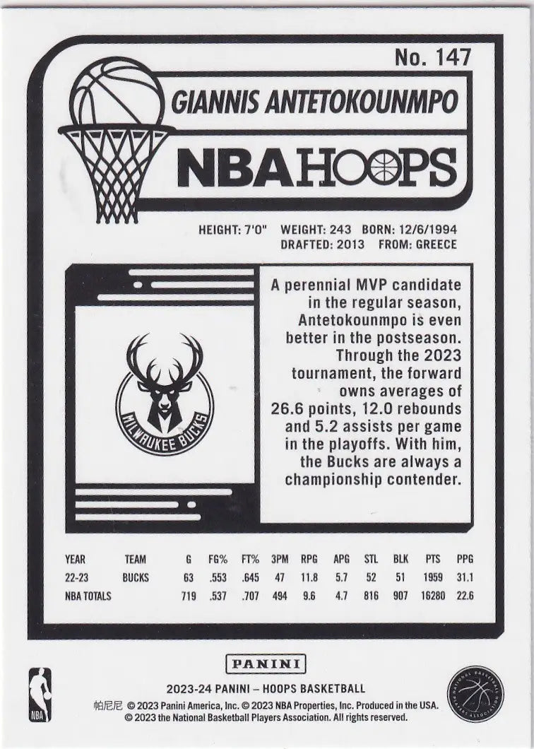 2023-24 HOOPS #147 GIANNIS ANTETOKOUNMPO HOLIDAY- MILWAUKEE BUCKS - Basketball Card Single