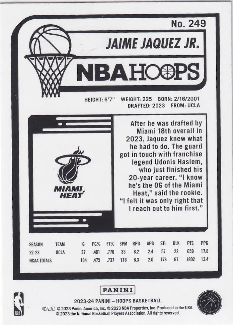 2023-24 HOOPS #249 JAMIE JAQUEZ JR HOLIDAY- MIAMI HEAT - Basketball Card Single