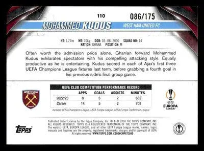 2023-24 Jade Edition UEFA Club Comps #110 Mohammed Kudus #110 Blue Jade #/175 - Soccer Card Single