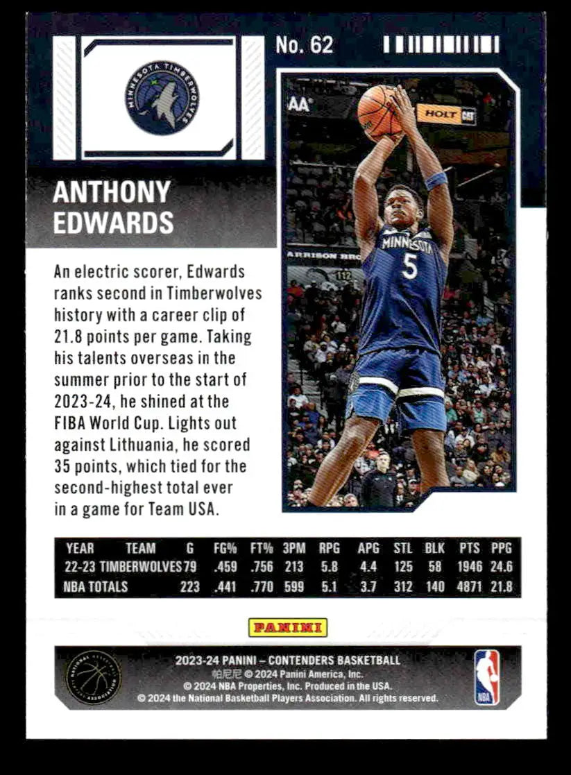 2023-24 Panini Contenders #62 Anthony Edwards Season Ticket Retail - Basketball Card Single