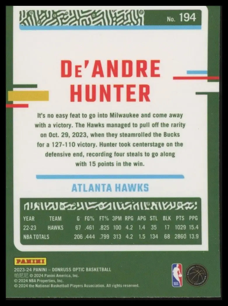 2023-24 Panini Donruss Optic DeAndre Hunter #194 Atlanta Hawks Basketball Card - Basketball Card Single