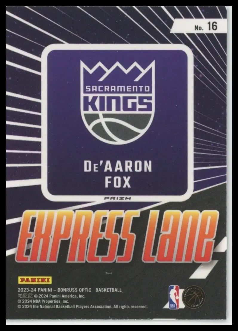 2023-24 Panini Donruss Optic - Express Lane De’Aaron Fox #16 Purple Prizm - Basketball Card Single
