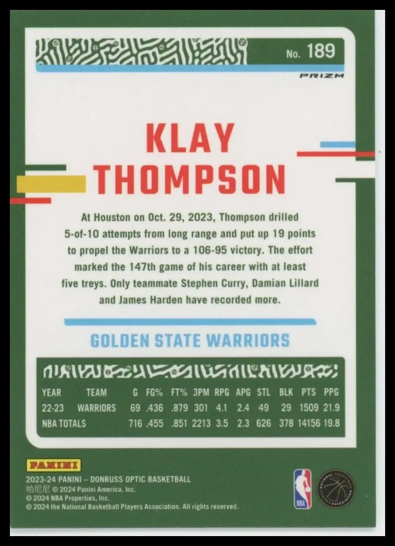 2023-24 Panini Donruss Optic Holo Klay Thompson #189 Golden State Warriors Card