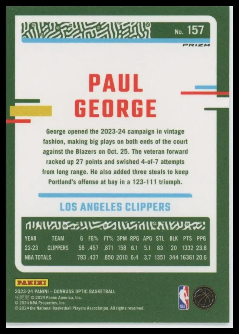 2023-24 Panini Donruss Optic Holo Paul George #157 Los Angeles Clippers Card NBA