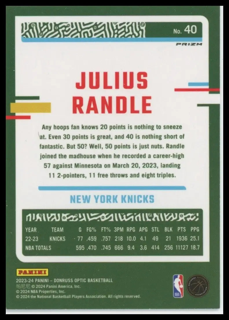 2023-24 Panini Donruss Optic - Julius Randle #40 Blue Velocity Prizm - Basketball Card Single
