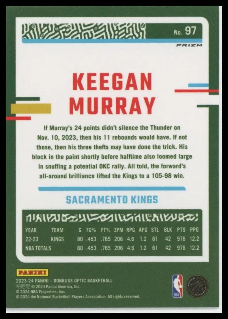 2023-24 Panini Donruss Optic Pink Hyper Keegan Murray #97 Sacramento Kings Card