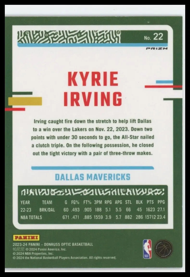 2023-24 Panini Donruss Optic Pink Hyper Kyrie Irving #22 Dallas Mavericks Card