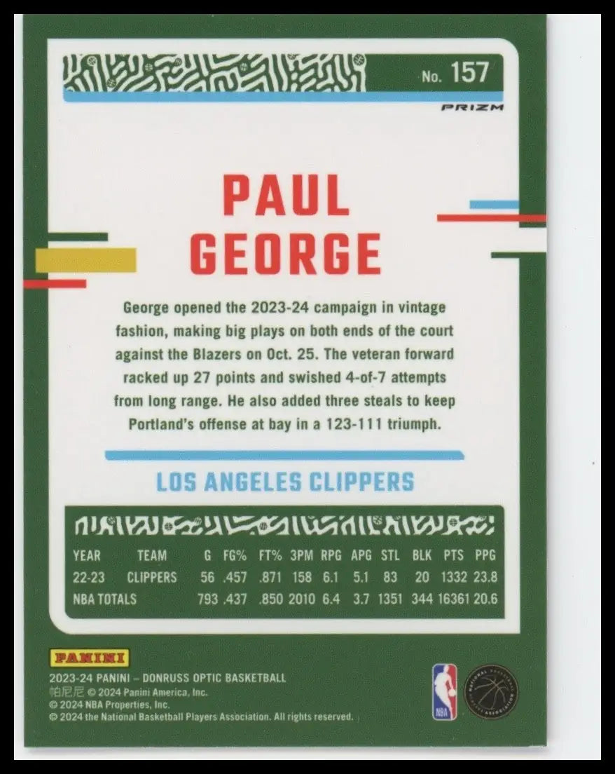2023-24 Panini Donruss Optic Pink Hyper Paul George #157 Los Angeles Clippers - Basketball Card Single