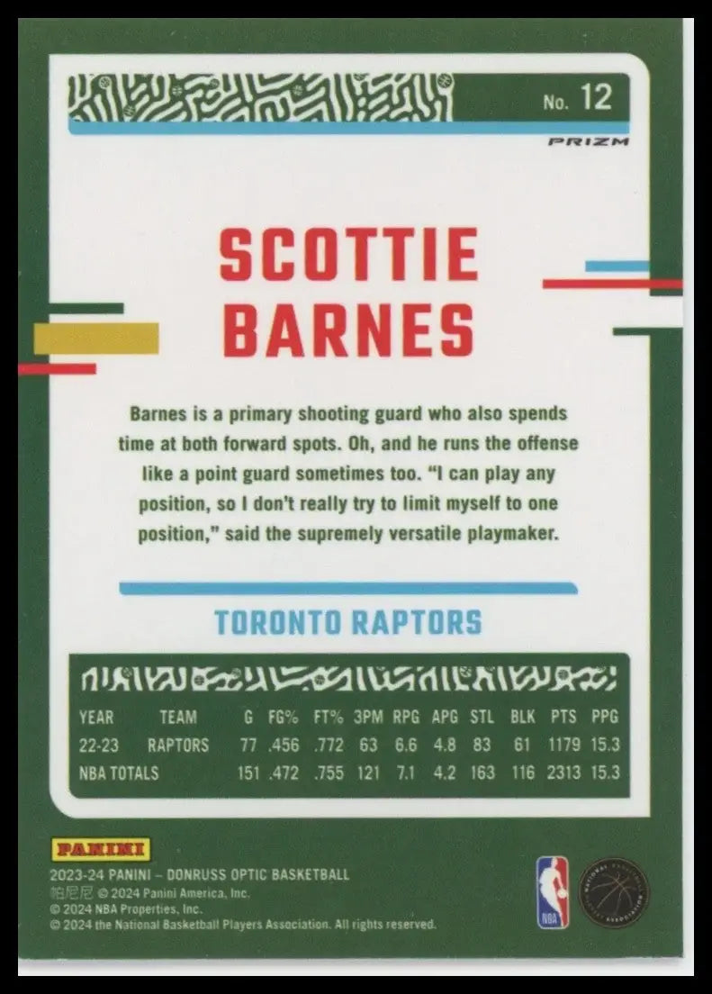 2023-24 Panini Donruss Optic Pink Hyper Scottie Barnes #12 Toronto Raptors Card