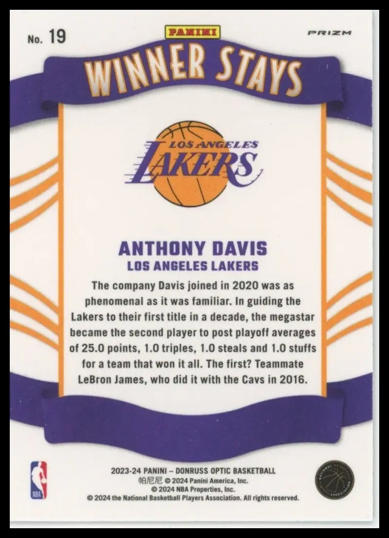 2023-24 Panini Donruss Optic - Winner Stays Anthony Davis #19 Holo Prizm - Basketball Card Single
