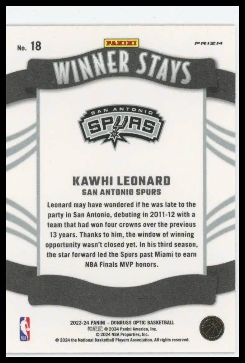 2023-24 Panini Donruss Optic - Winner Stays Kawhi Leonard #18 Holo Prizm - Basketball Card Single